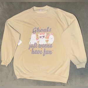✨🆕 Pink Lily Small Oversized Ivory “Ghouls Just Wanna Have Fun” Sweatshirt
